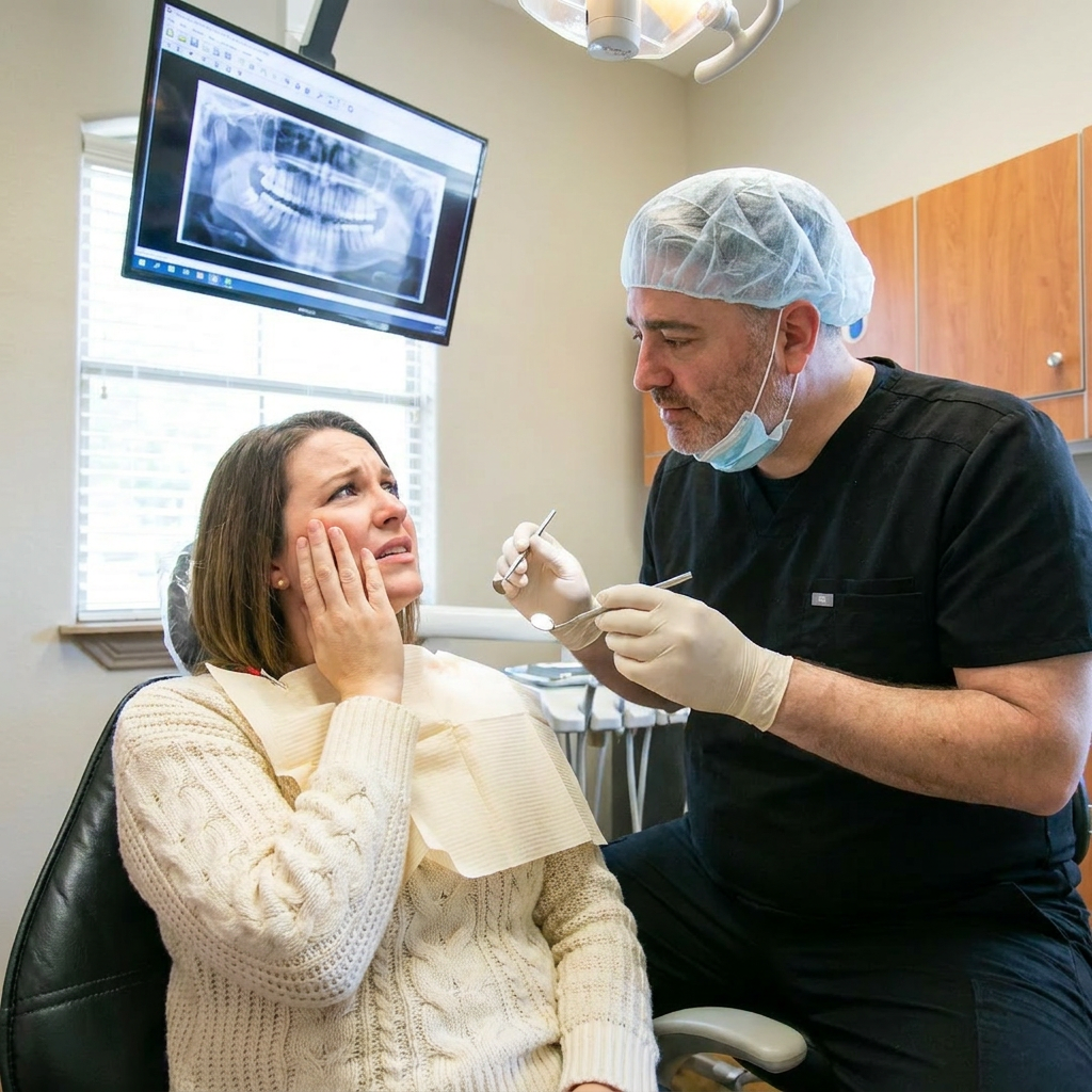 Patient holding their cheek in discomfort from a sudden toothache