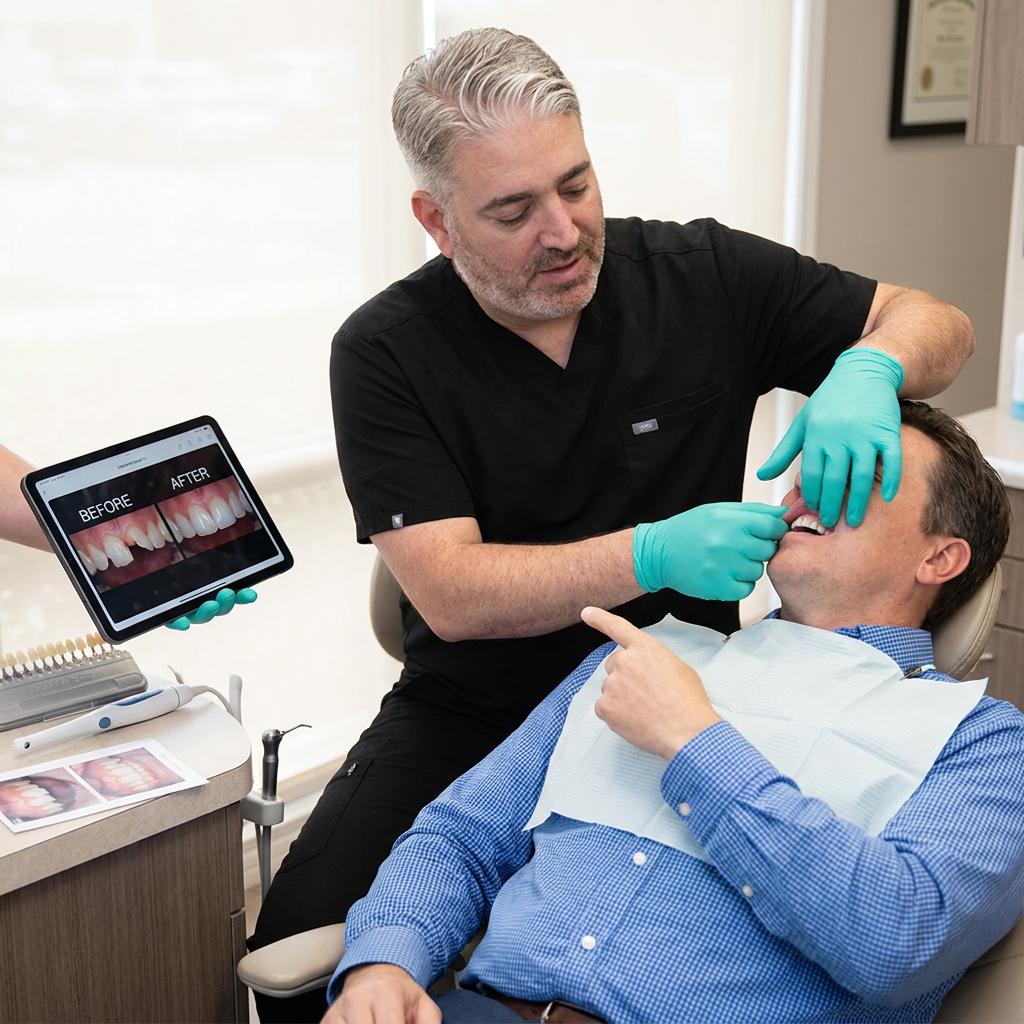 Dentist shaping tooth colored composite resin onto a chipped front tooth