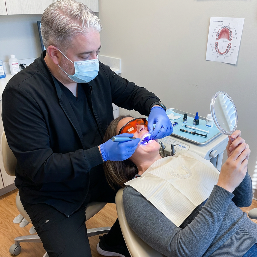 Patient pointing to a chipped front tooth during a bonding consultation