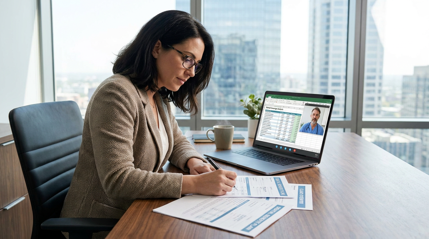 Ashley, sits at a contemporary office desk, reviewing dental insurance documents spread out before her.