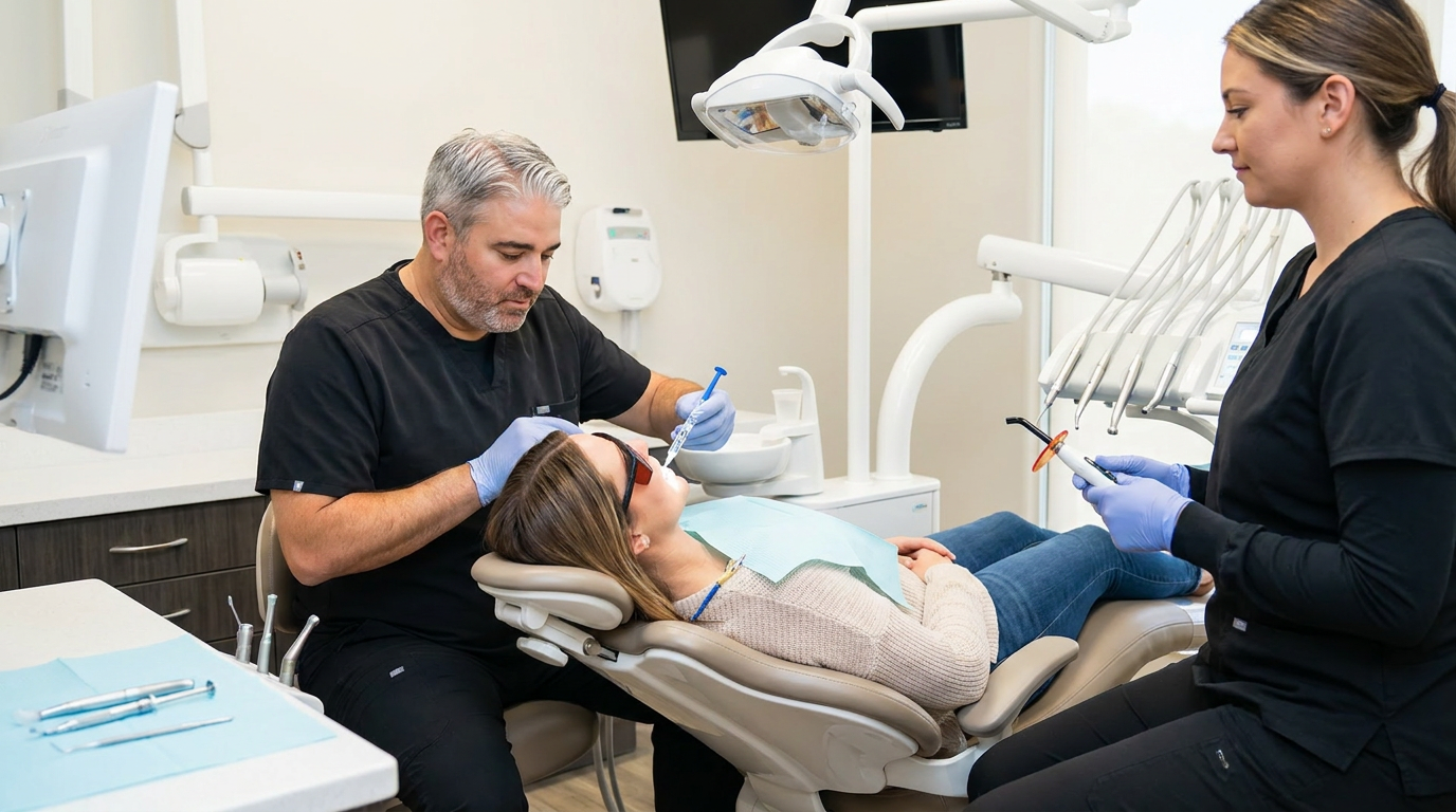 Ashley, sits in a modern dental chair, receiving KoR teeth whitening treatment.