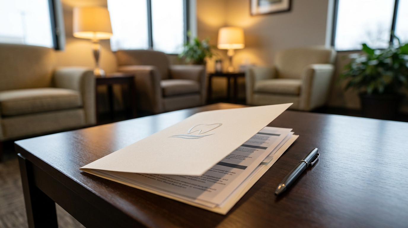 A close-up of a new patient welcome packet on a polished dark wood table in a dental office waiting room, featuring a pen and a discreet logo.