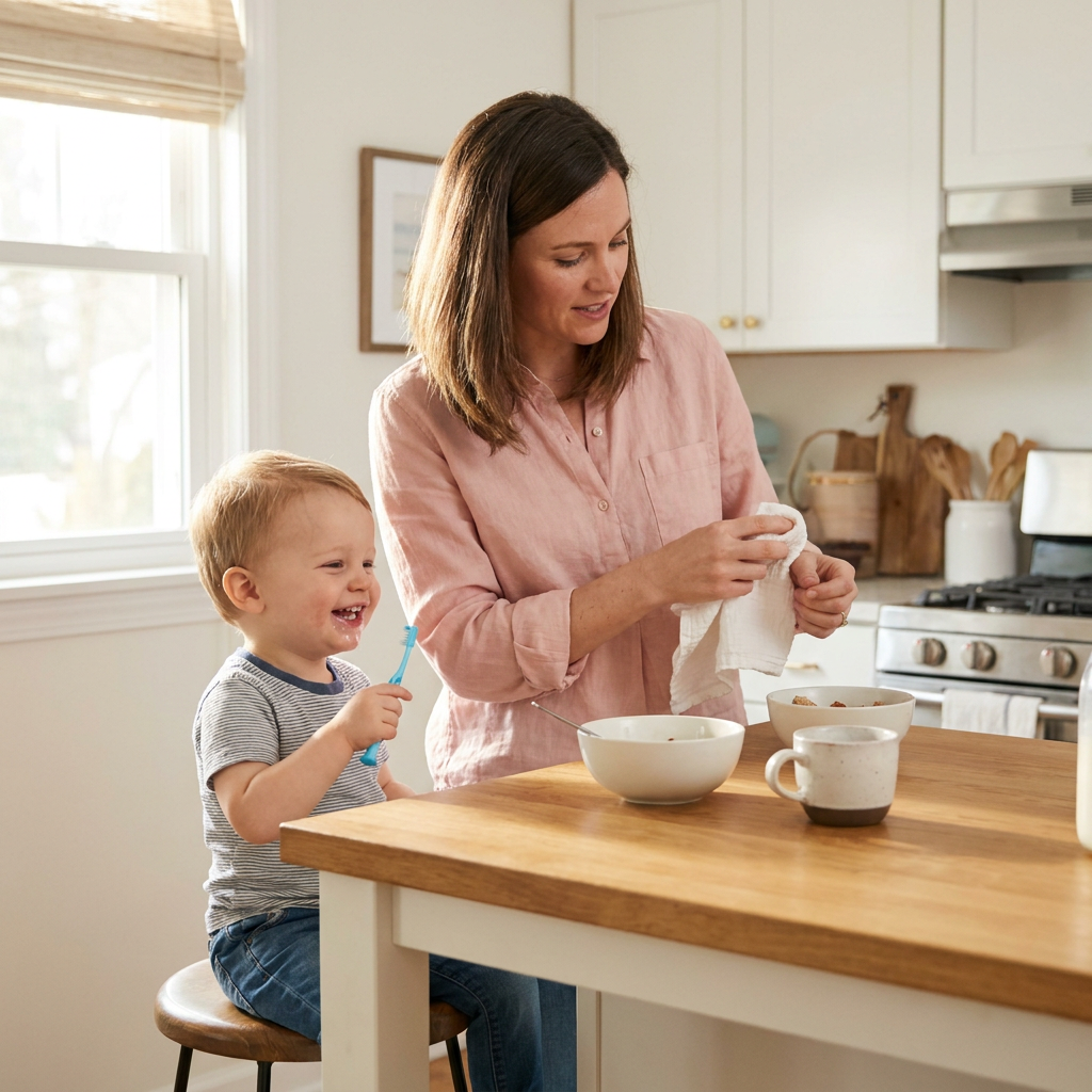 Ashley wipes her toddler Samuel's mouth after brushing, both by a kitchen island.