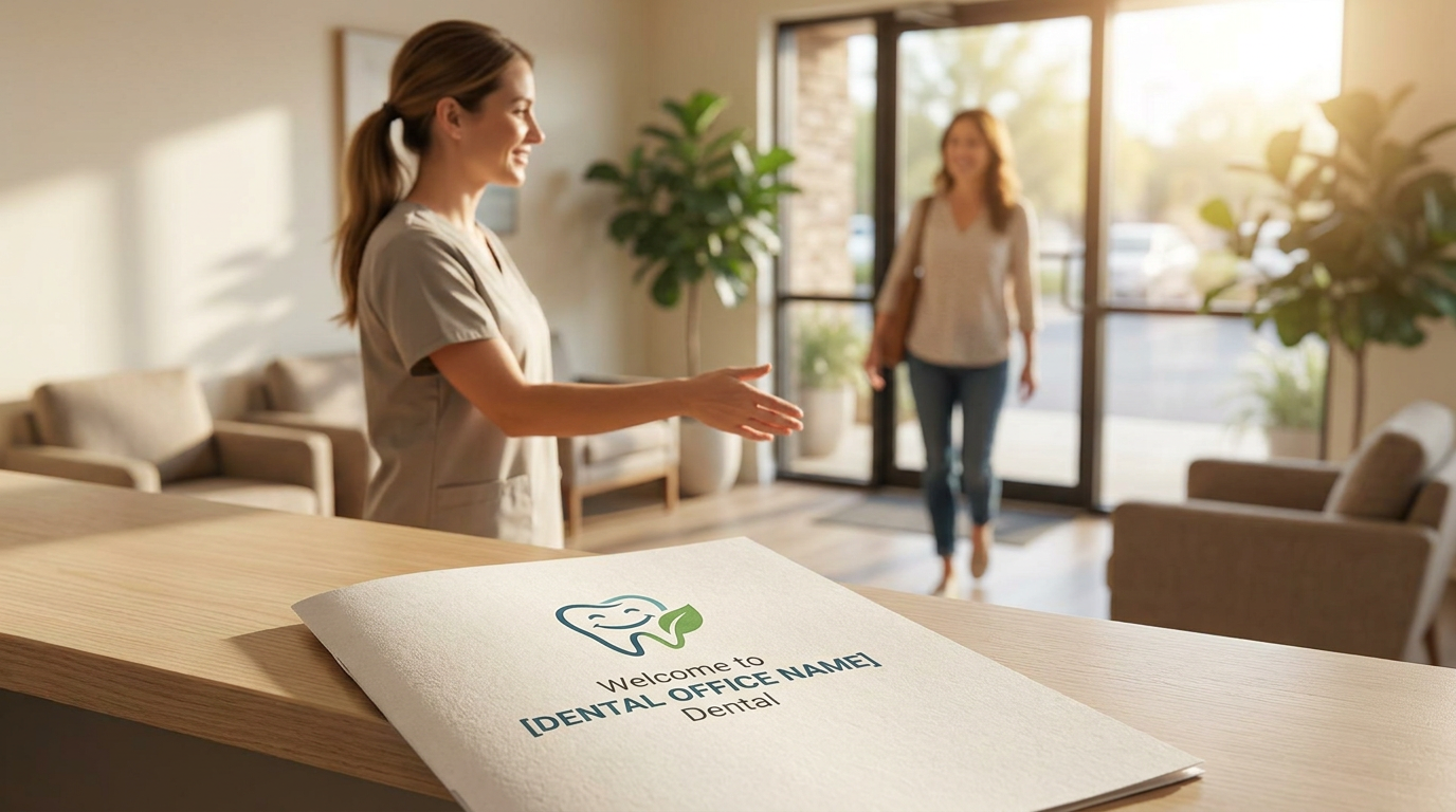 A close-up of a patient information brochure with a friendly dental office logo, open on a light wood reception desk.