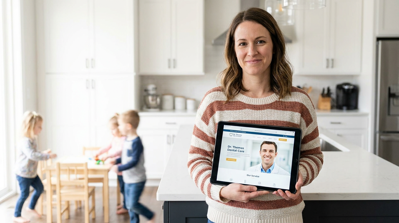 Ashley, stands in a brightly lit, modern kitchen, holding a tablet with a dental practice website open.