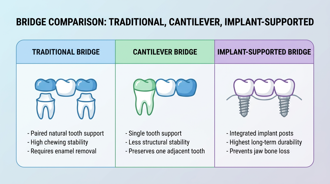 Minimal-text table-style comparison visual contrasting "Traditional Bridge," "Cantilever Bridge," and "Implant-Supported Bridge" with small icons representing their structure.