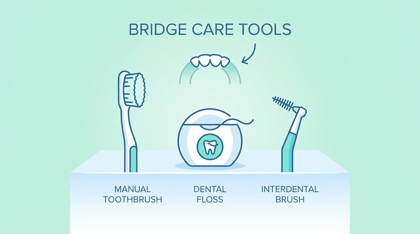 Minimal-text infographic-style visual illustrating various dental hygiene tools for bridge care: a toothbrush, dental floss, and an interdental brush, arranged neatly on a counter.