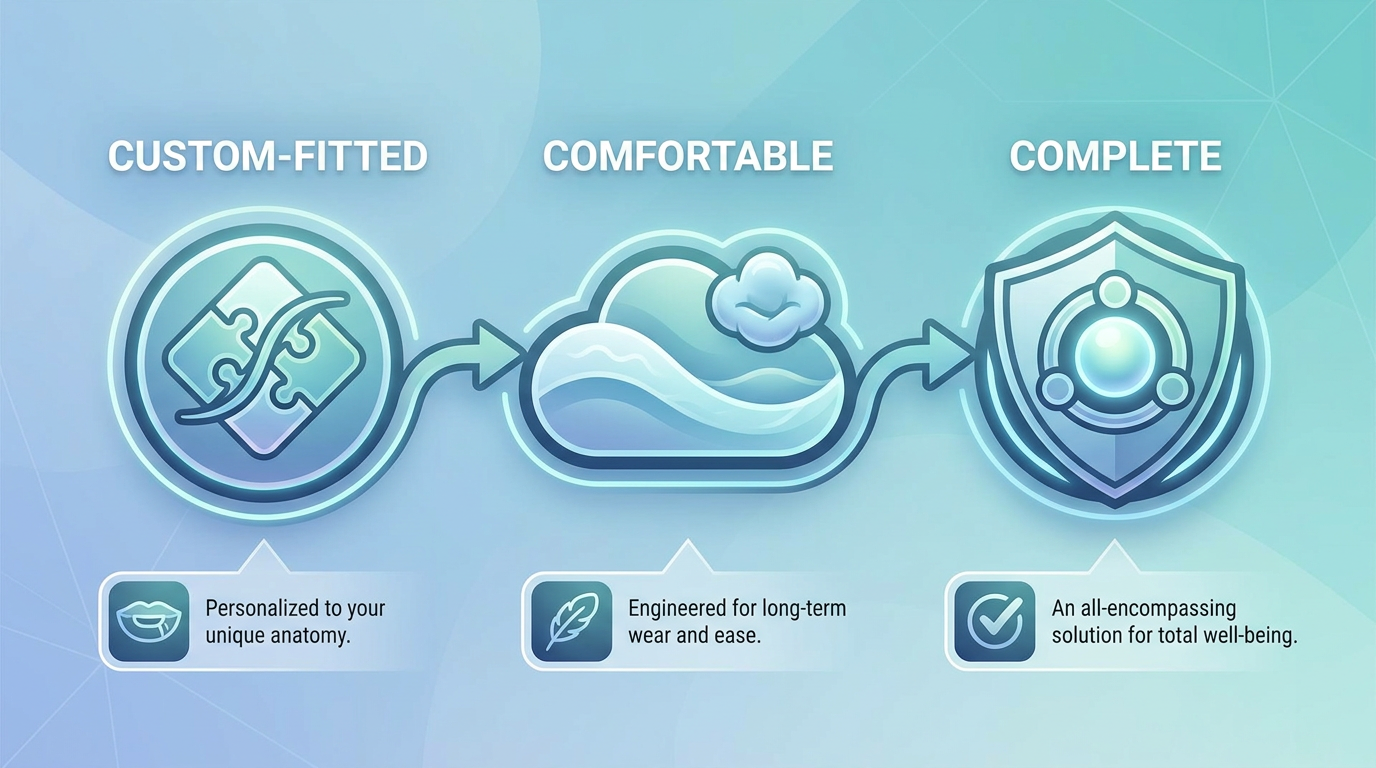 One-phrase callout-style visual: "Custom-Fitted, Comfortable, Complete."