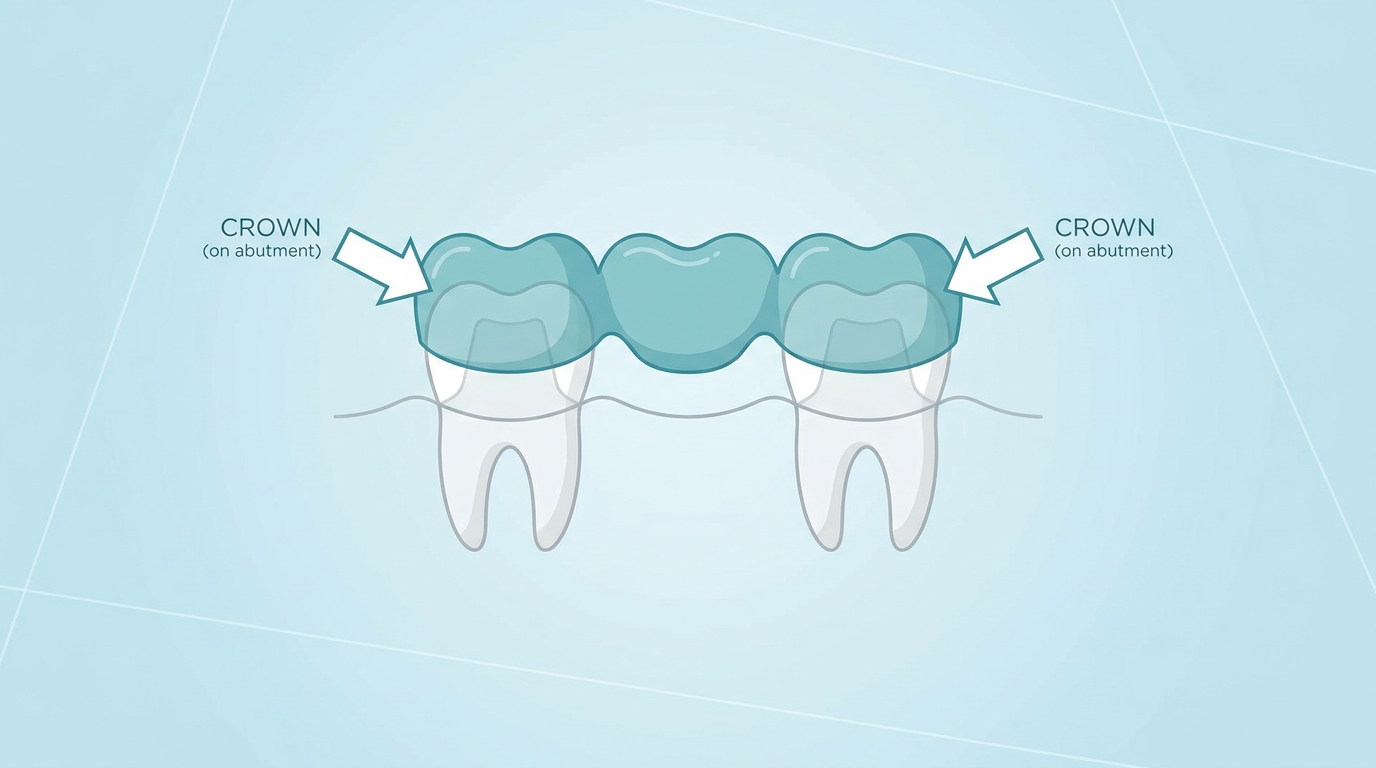 Minimal-text infographic-style visual showing a simple diagram of a dental bridge spanning a gap between two teeth, with arrows indicating the crowns on abutment teeth.