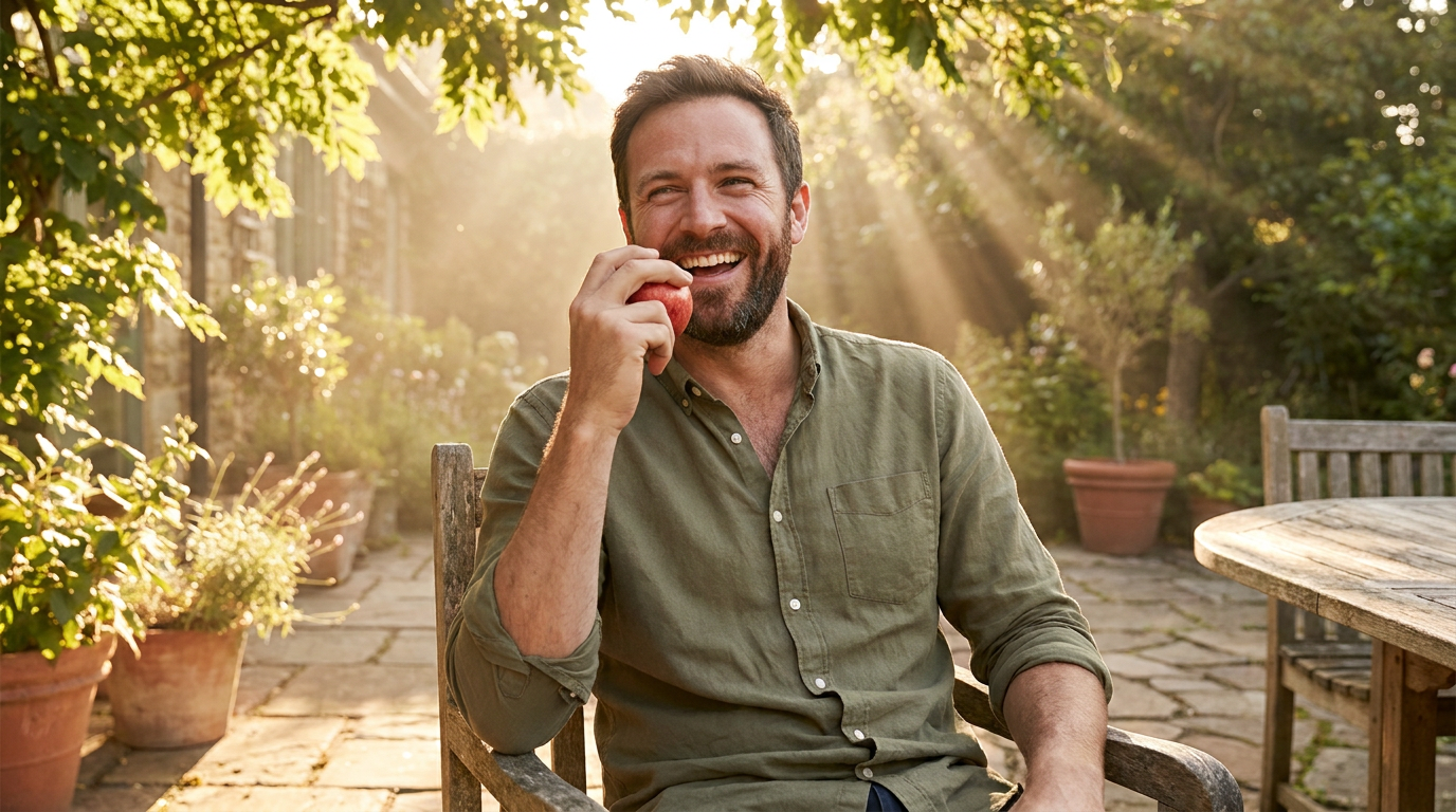 Jason, confidently biting into an apple, with a natural, happy expression.