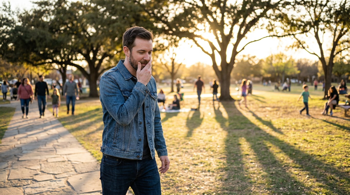 Jason, subtly touching his mouth while standing in a busy Grapevine park, looking somewhat self-conscious.
