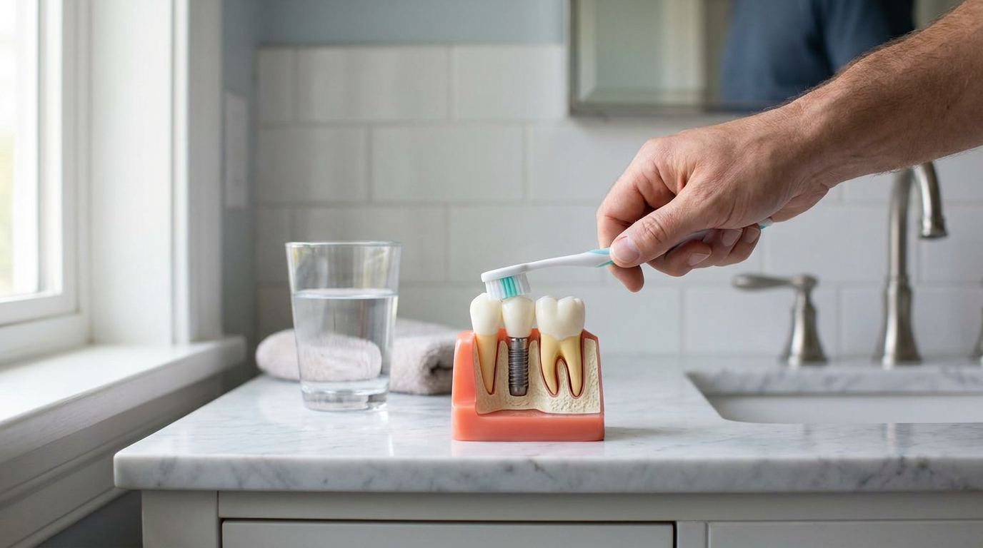 An explicit close-up of a hand holding a soft-bristled toothbrush, demonstrating gentle brushing technique around an implant model.