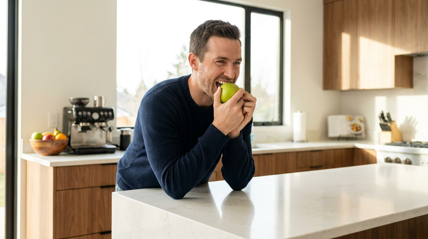 Nathan, is at a modern kitchen island, confidently taking a large bite out of a crisp green apple.