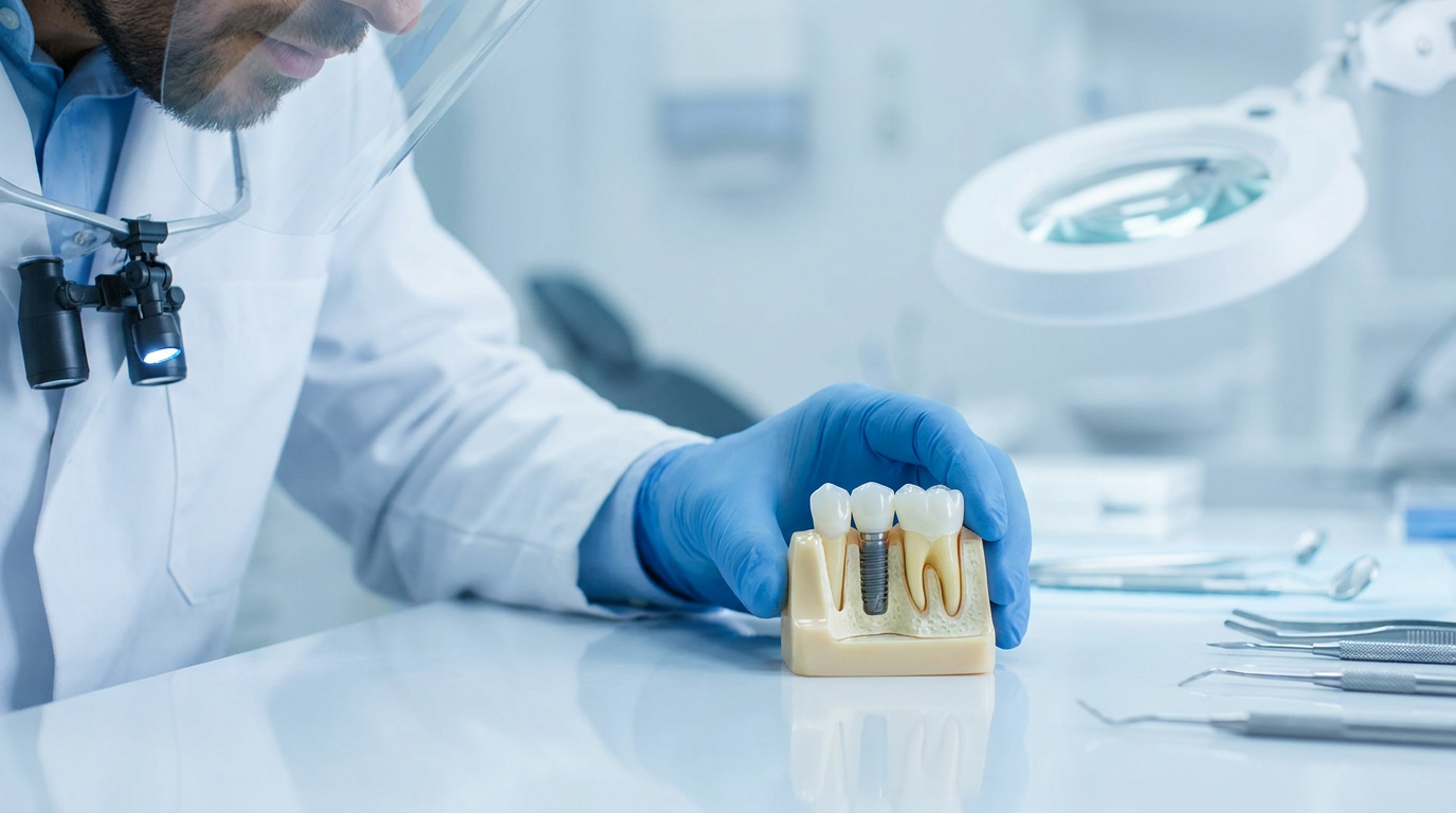 A detailed, close-up shot of a dental implant model, showing a titanium screw integrated into a realistic jawbone replica, topped with a lifelike ceramic crown.