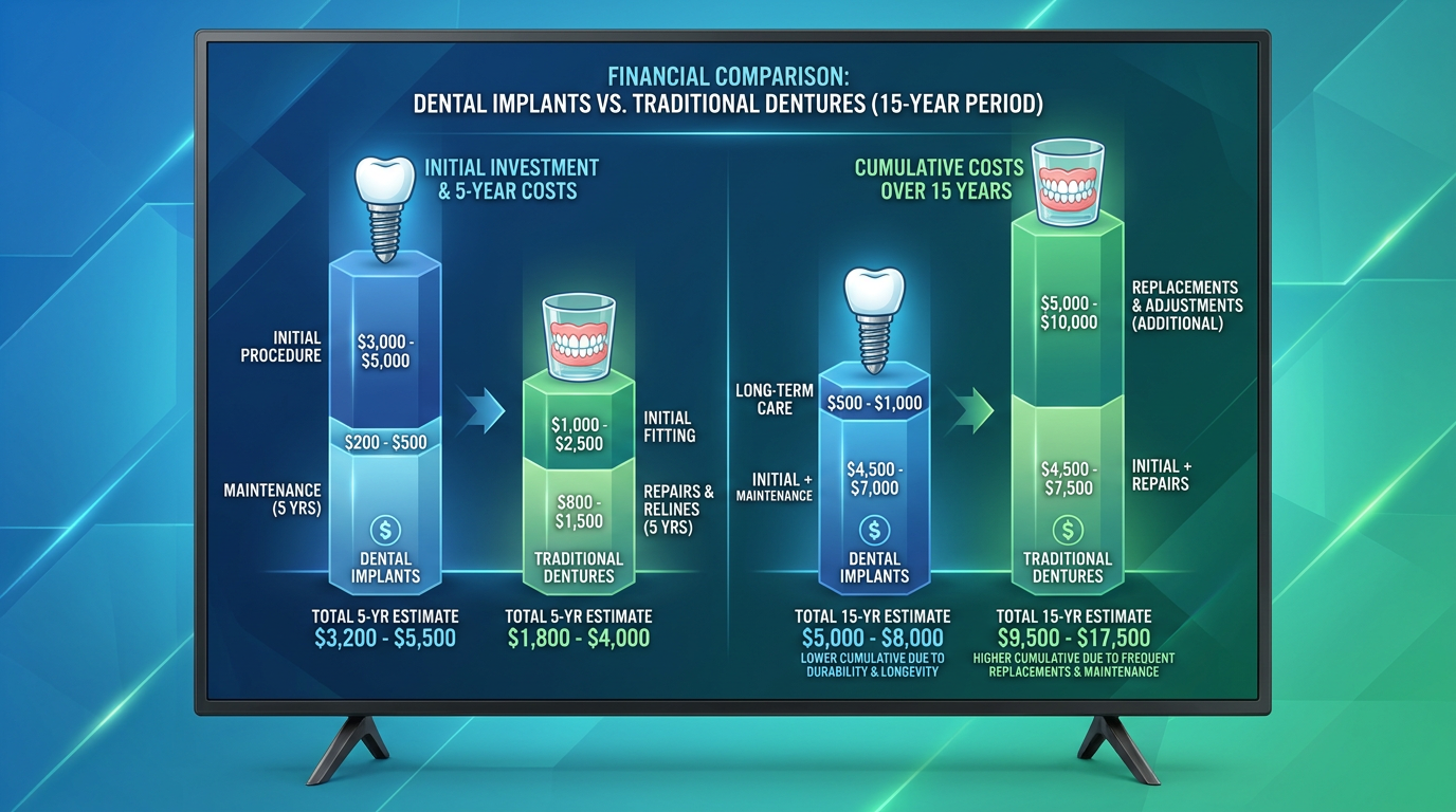 A sophisticated graphic displaying a financial comparison between dental implants and traditional dentures over a 15-year period.