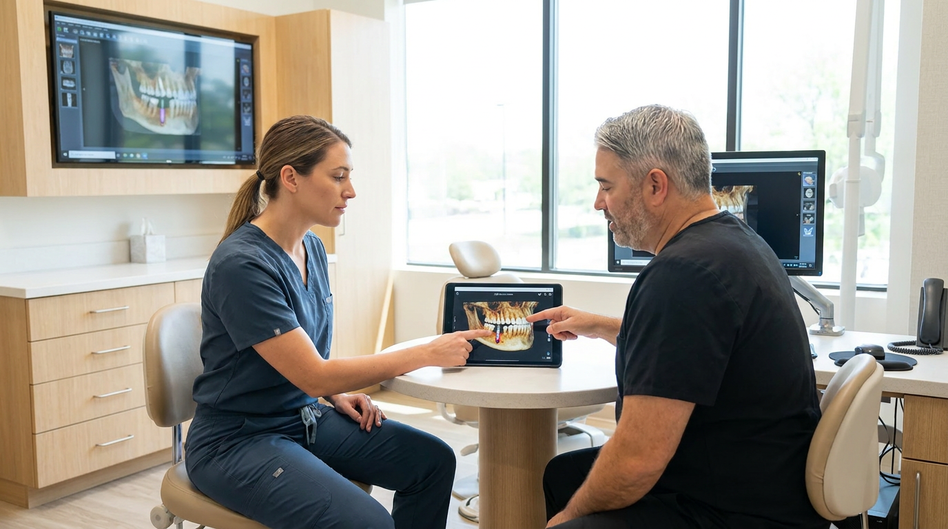 Dr. Jason Daaboul, reviewing a tablet displaying a 3D dental scan with a patient.