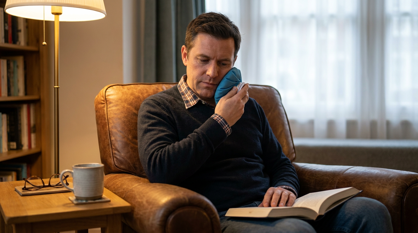 A close-up of Hunter, gently pressing a small, insulated ice pack to the side of his jaw.