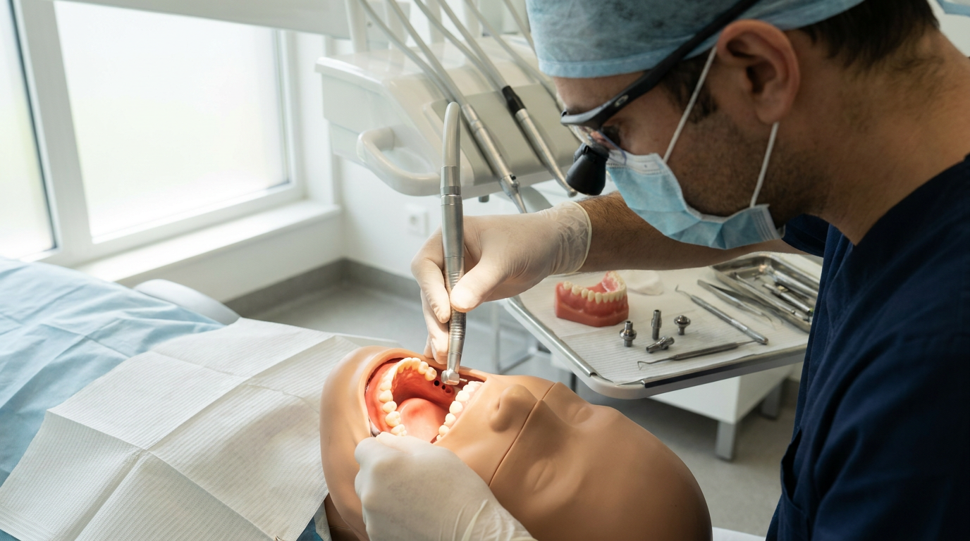 A focused, slightly overhead shot of a patient's mouth during simulated implant surgery.