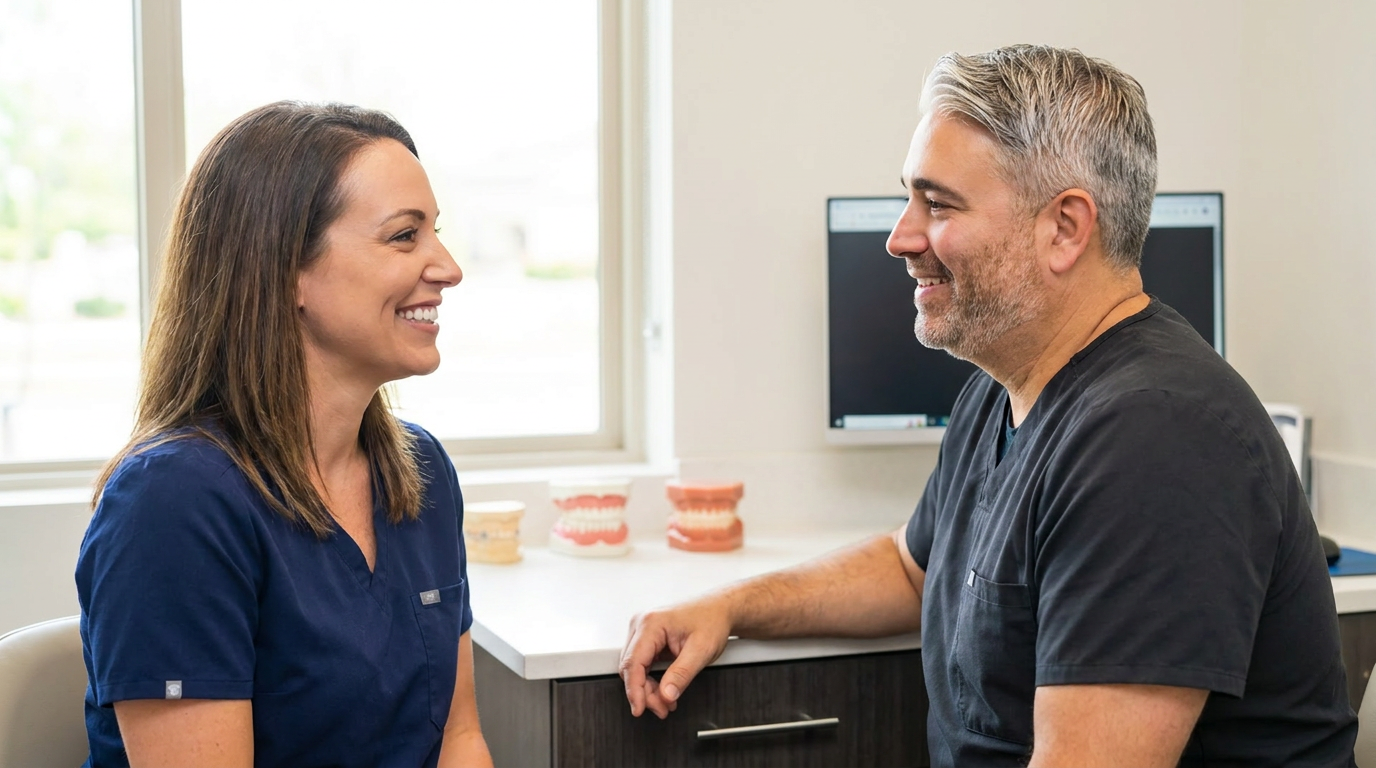 A side-profile view of a relaxed woman in her late 30s, Madison, smiling genuinely while chatting with Dr. Jason Daaboul.