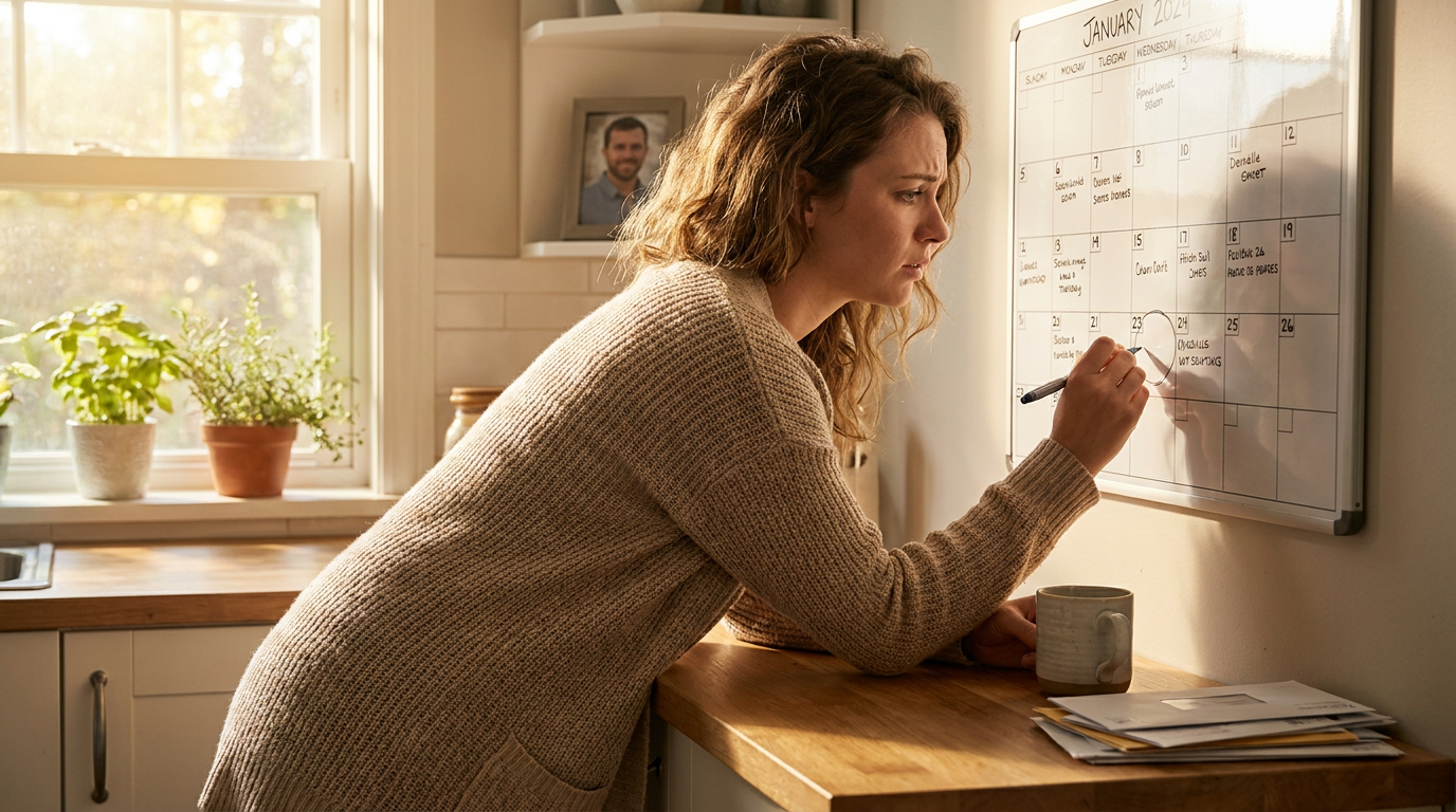Danielle, wearing a beige cardigan, leans on a wooden kitchen counter, circling a date on a whiteboard calendar with a black marker.