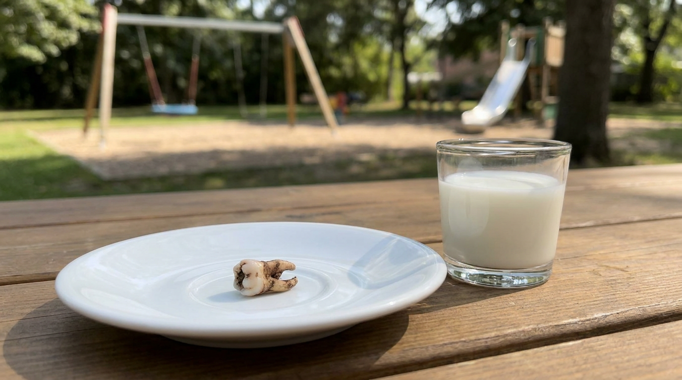 A small, discolored tooth rests on a white plate next to a glass of milk on a wooden table, with a blurred playground in the background.