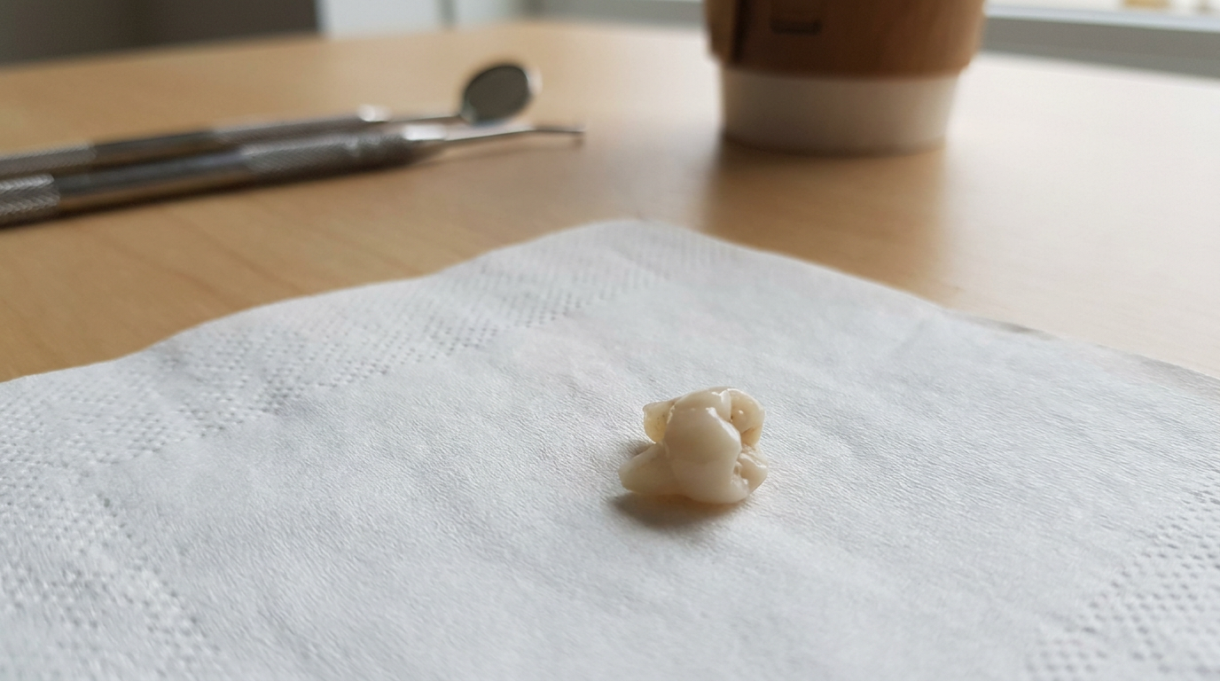 A small, jagged tooth fragment rests on a white napkin, with blurred dental instruments and a coffee cup in the background on a wooden surface.