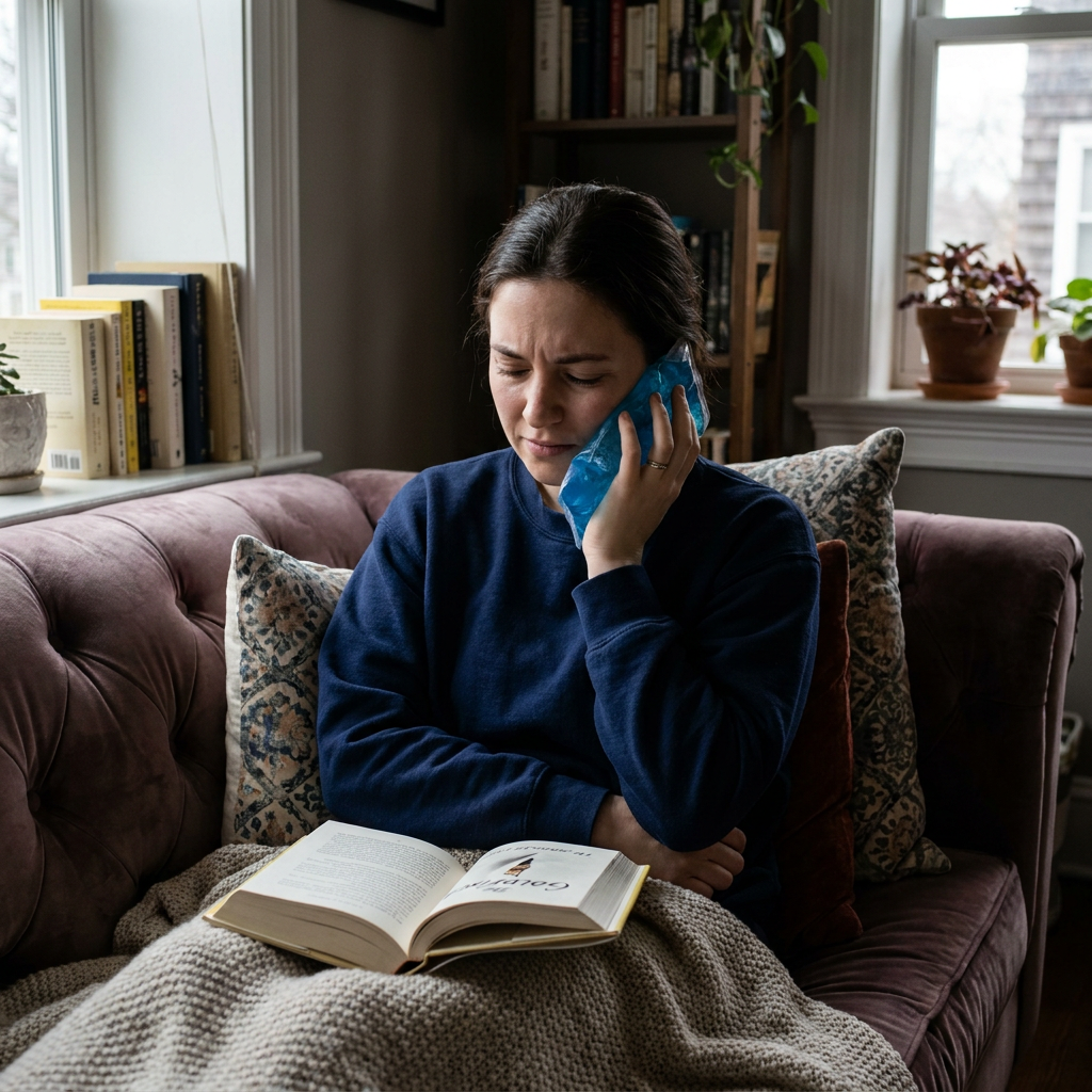 Danielle sits on a couch with a book open on her lap, holding a blue ice pack to her right cheek.