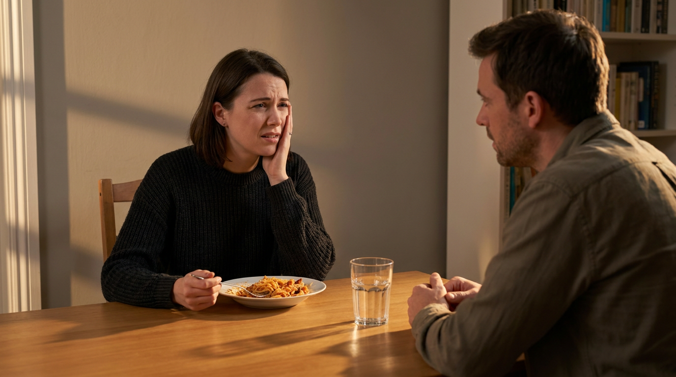 Danielle sits at a wooden table with a plate of pasta and a glass of water, holding her hand to her cheek, while a man in a brown shirt sits across from her.