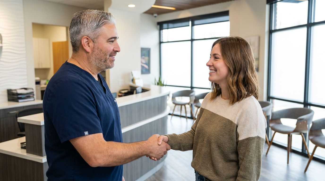 A man in blue scrubs shakes hands with a woman in a color-block sweater in a modern dental office reception area.