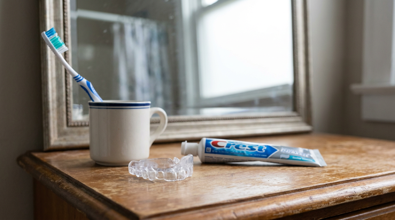 A toothbrush in a mug, a clear mouthguard, and a tube of toothpaste sit on a wooden surface in front of a mirror.