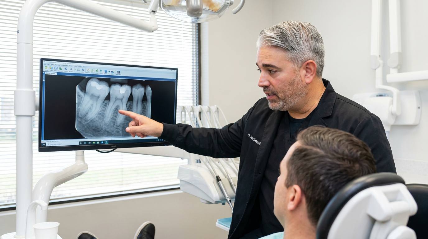 Dr. Jason Daaboul, wearing a black scrub top, points at a dental X-ray on a monitor while talking to a patient in a dental chair.
