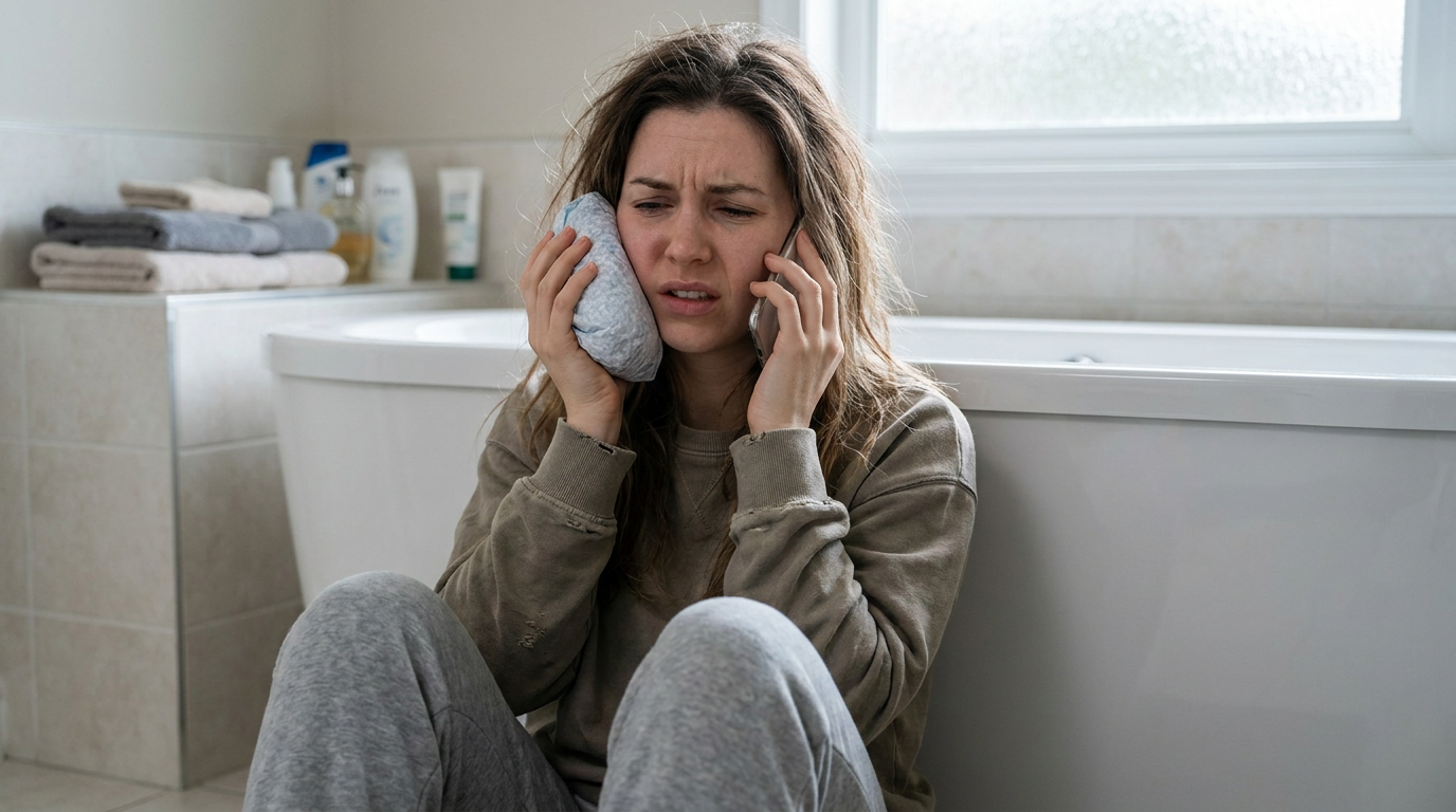 Danielle sits on a tiled bathroom floor, leaning against a white bathtub, holding a light blue ice pack to her right cheek and a phone to her left ear, looking distressed.