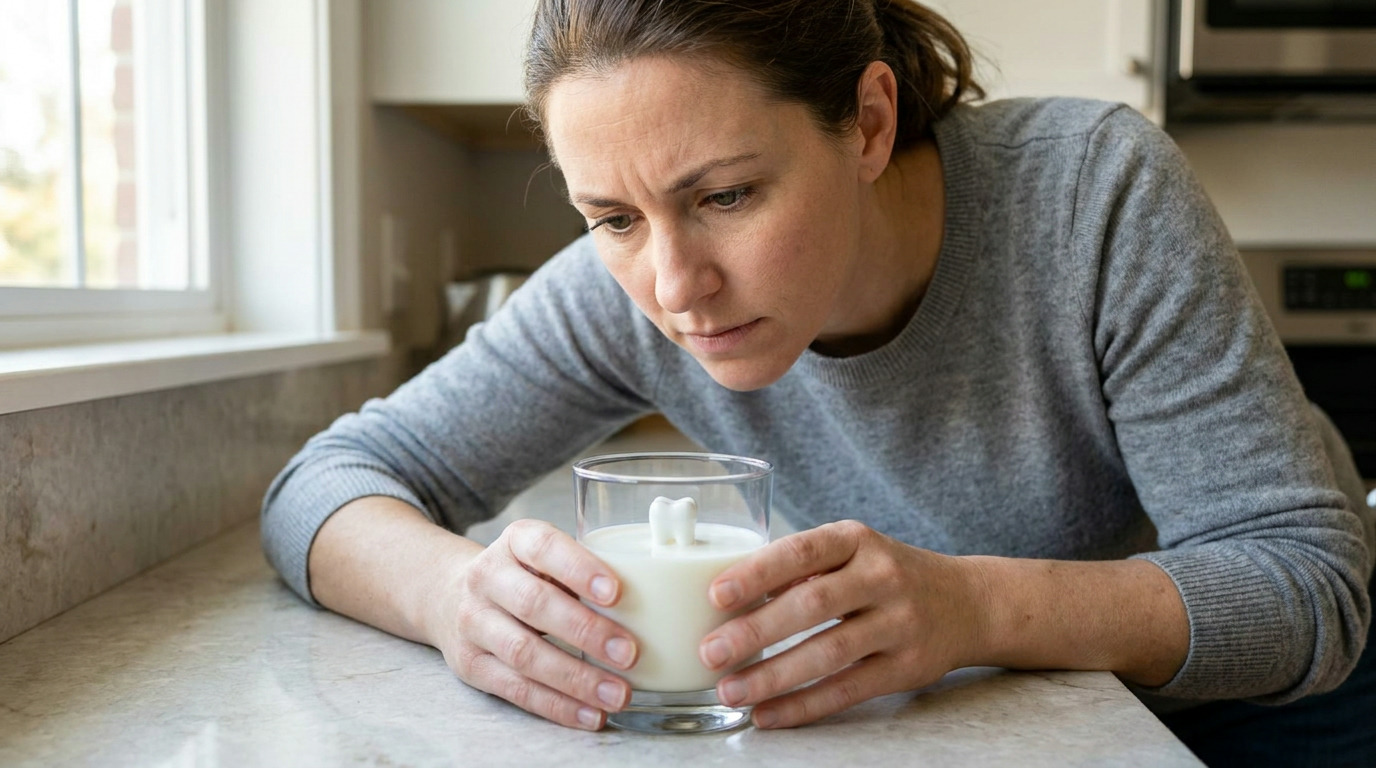 A woman in a gray sweater leans over a kitchen counter, holding a glass of milk with a white tooth model inside, looking down with a concerned expression.