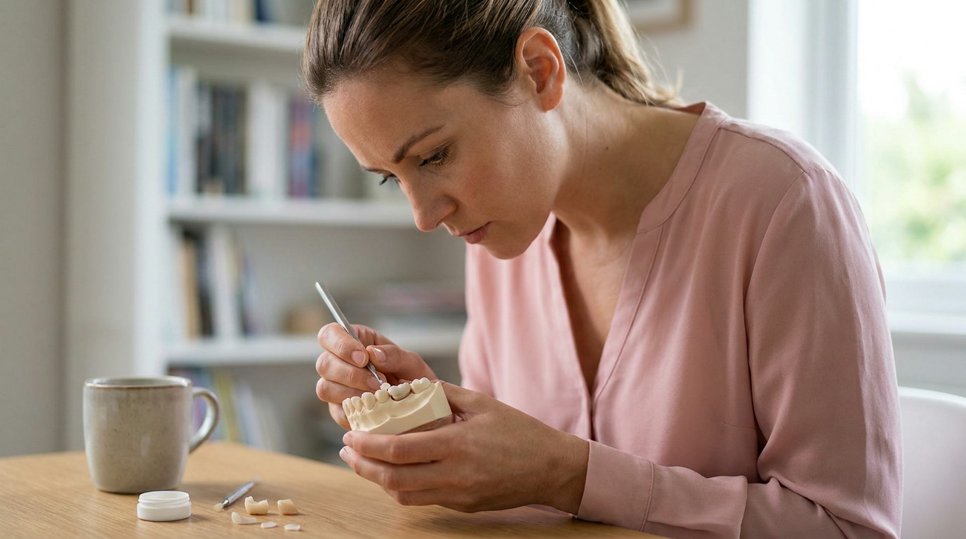 A woman in a pink blouse intently works on a dental model with a small tool, adding a piece to the teeth, with a mug and small dental pieces on the wooden table beside her.