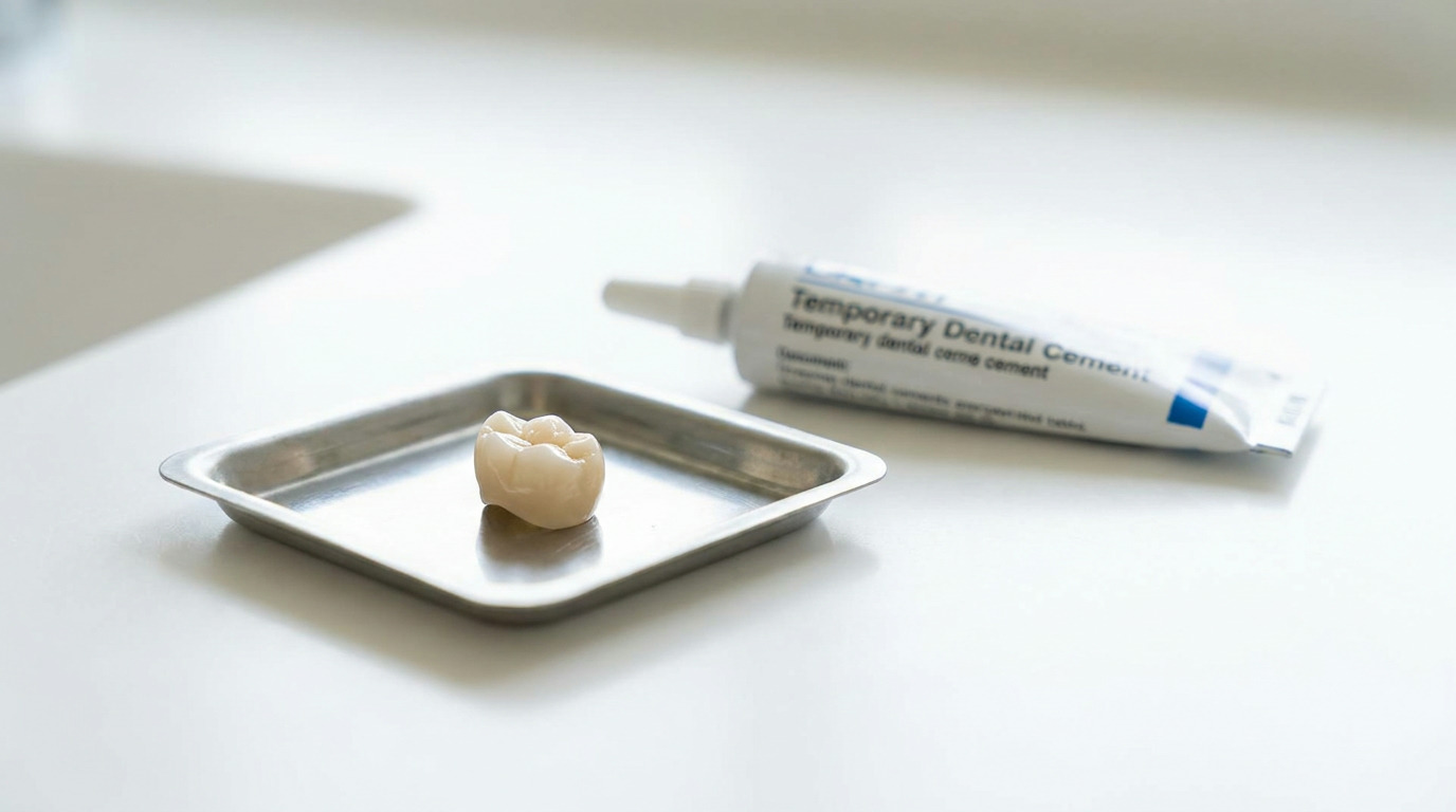 A dental crown sits on a small metal tray next to a tube of temporary dental cement on a blurred white surface.