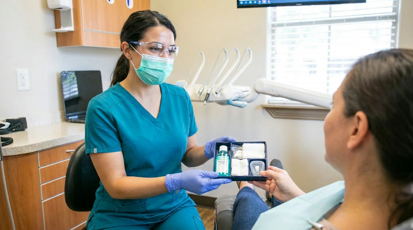 A dental professional in teal scrubs, mask, and safety glasses hands a patient a small dental kit containing mouthwash, gauze, and a tooth container in a dental operatory.