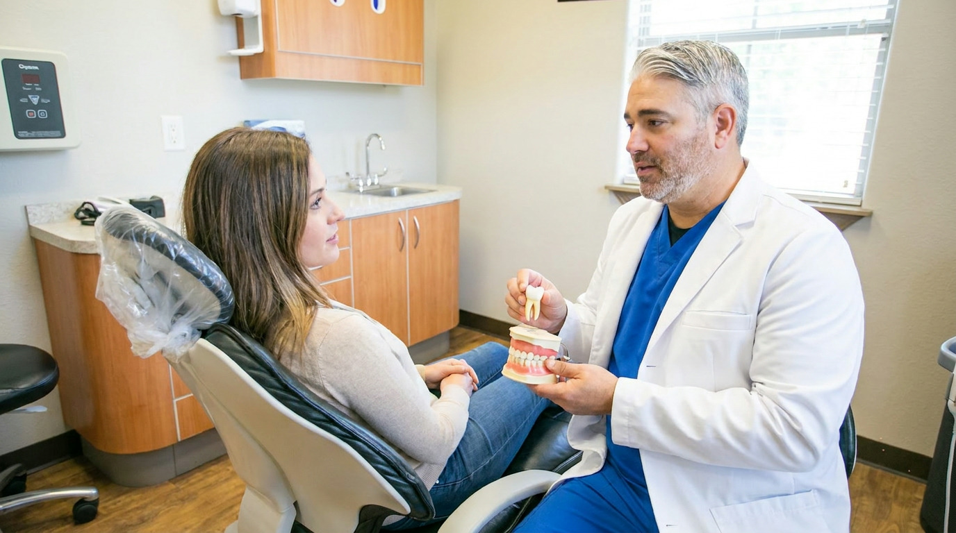 A male dentist in a white lab coat and blue scrubs holds a tooth model and a removable tooth while speaking to a female patient seated in a dental chair in a modern office.