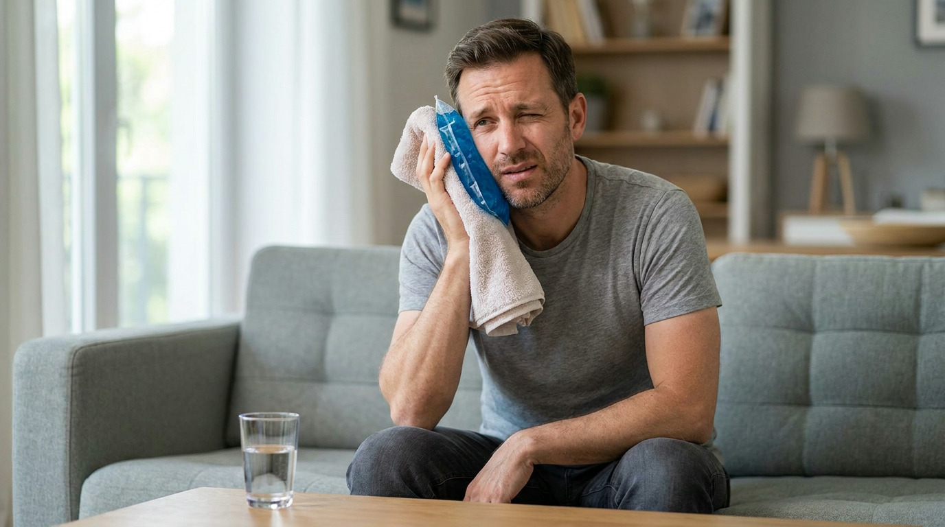 Justin sits on a gray couch, pressing a blue gel ice pack wrapped in a tan towel against his right cheek, wincing. He wears a gray t-shirt and dark pants. A glass of water sits on a wooden coffee table in front of him.