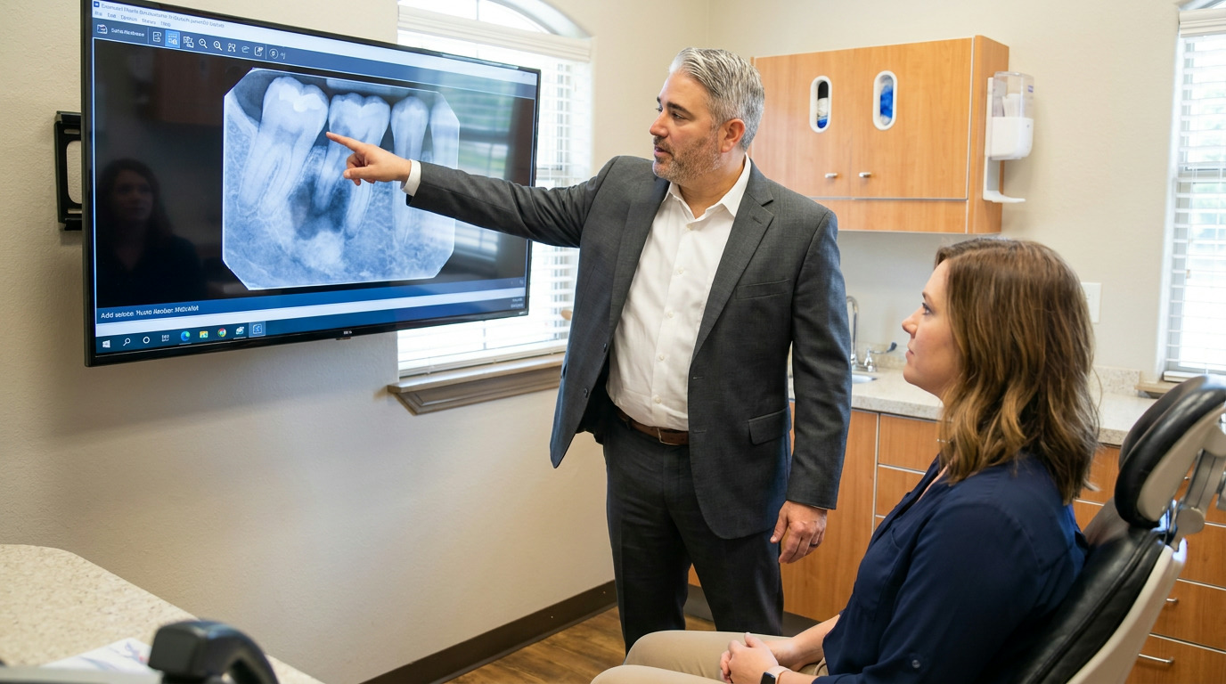 Dr. Jason Daaboul, in a grey suit jacket, points to a dental X-ray on a large monitor while speaking with Abigail, who is seated in a dental chair in a modern consultation room.