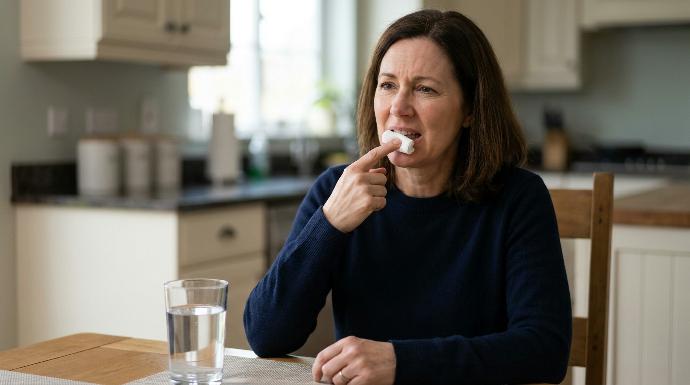 Ava sits at a kitchen table, holding a rolled white gauze against her upper gumline with her finger, looking uncomfortable. She wears a navy sweater, and a glass of water sits on the table beside her in a kitchen setting.