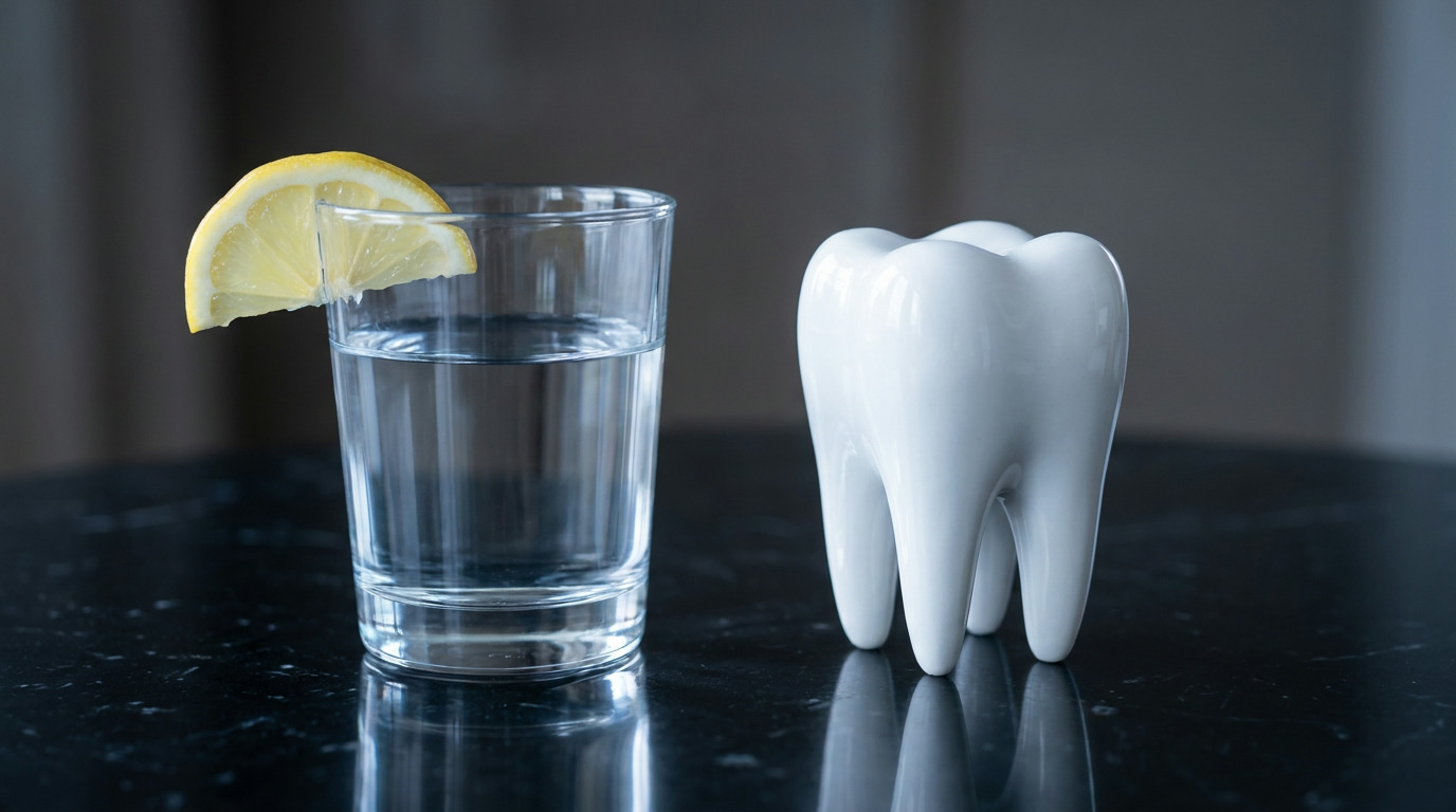 A glass of water with a lemon wedge and a white tooth sculpture sit on a dark, reflective surface.