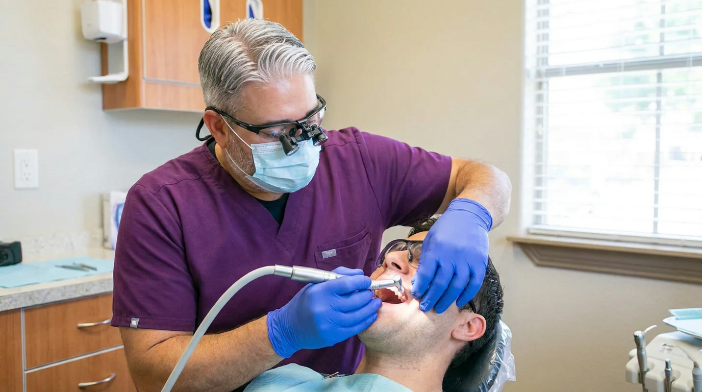 A dentist in purple scrubs, mask, and loupes works on a patient's teeth with a rotary tool in a dental office.