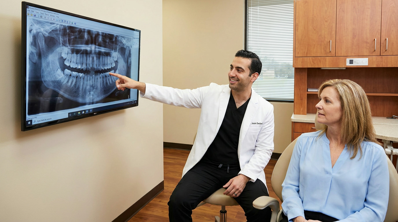 Dr. Jason Daaboul, in a white lab coat, points to a dental X-ray on a monitor as a patient in a blue blouse listens in a consultation room.