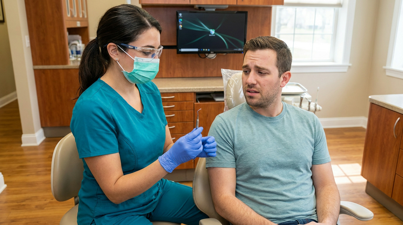 A dental professional in teal scrubs, mask, and safety glasses holds a dental tool while a patient in a blue shirt sits in a dental chair, looking apprehensive.