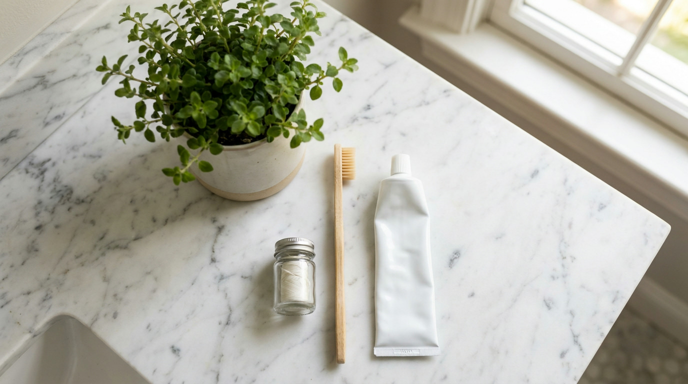 A potted green plant, a container of dental floss, a wooden toothbrush, and a white tube of toothpaste are arranged on a white marble countertop next to a window.