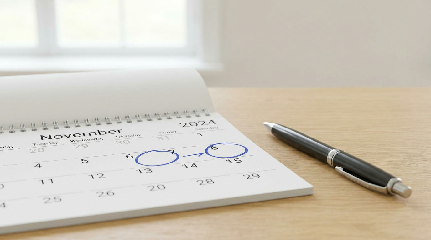 A November 2024 calendar with dates 6 and 15 circled in blue, an arrow between them, and a black pen resting on a light wooden desk near a blurred window.
