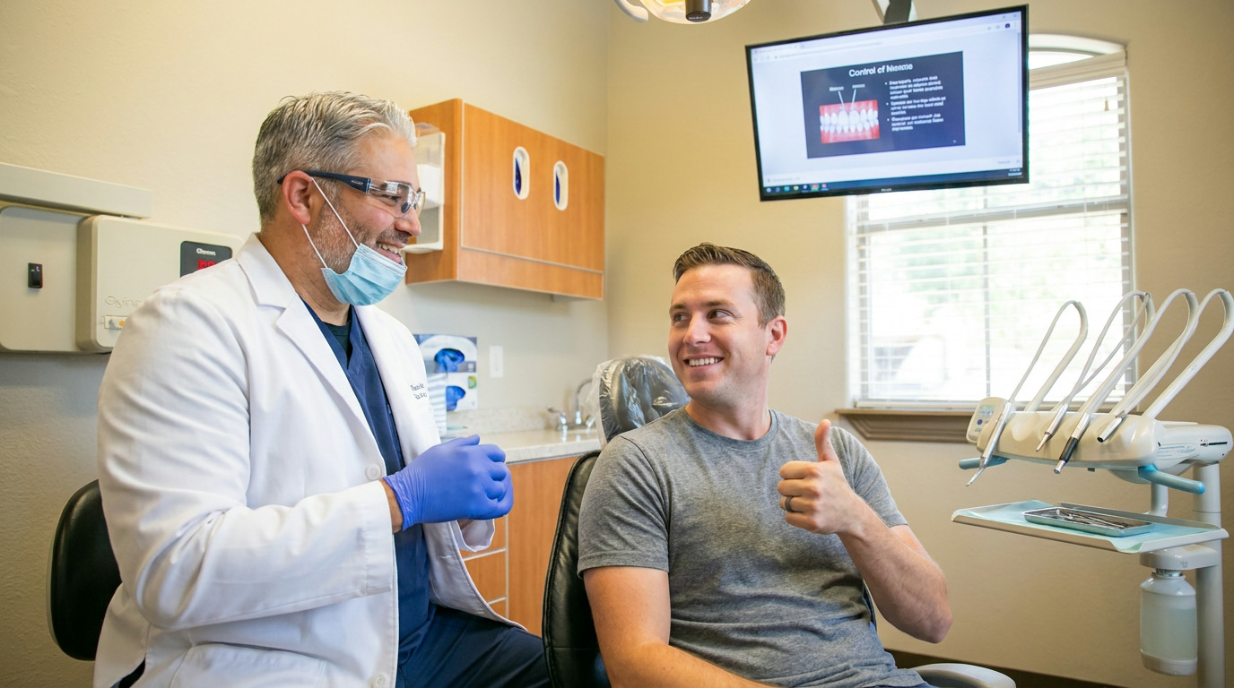 Dr. Jason Daaboul, wearing a white lab coat, blue scrubs, a face mask, safety glasses, and blue gloves, smiles at Steven, who sits in a dental chair, wearing a gray t-shirt, smiling, and giving a thumbs-up in a modern dental operatory.