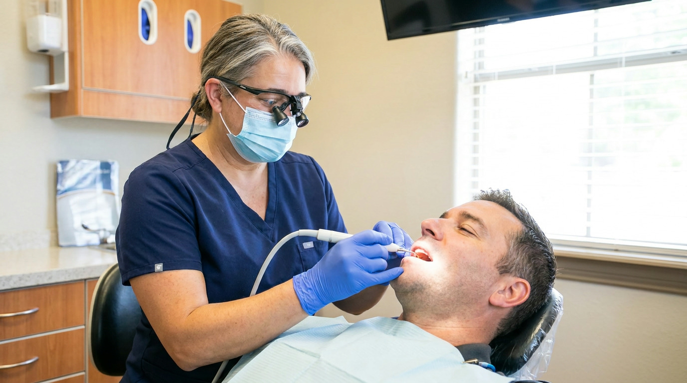 A dental professional in blue scrubs, mask, and loupes uses an ultrasonic scaler on a patient's open mouth, who is reclined in a dental chair under bright window light.