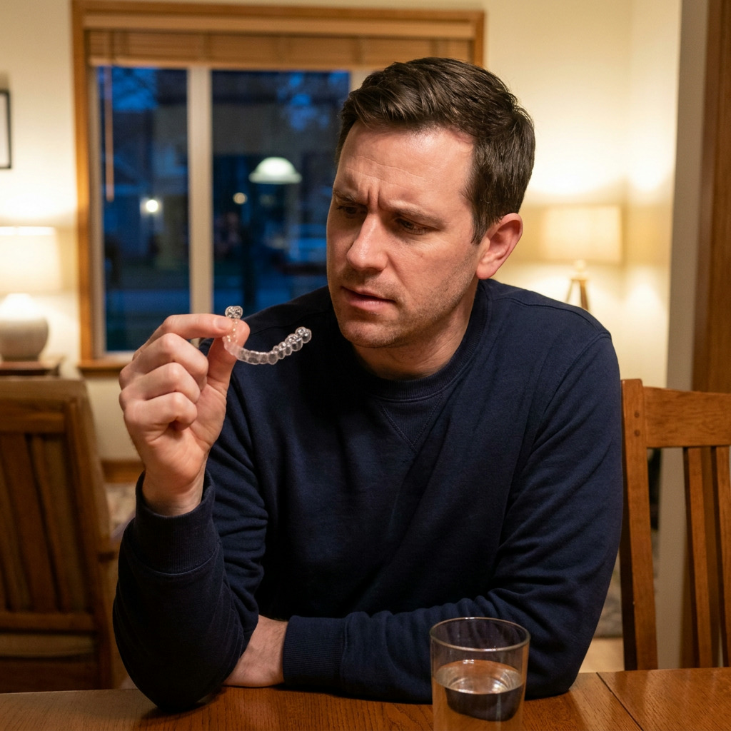 Steven thoughtfully holds a clear dental aligner tray while seated at a wooden table with a glass of water, looking at the tray.