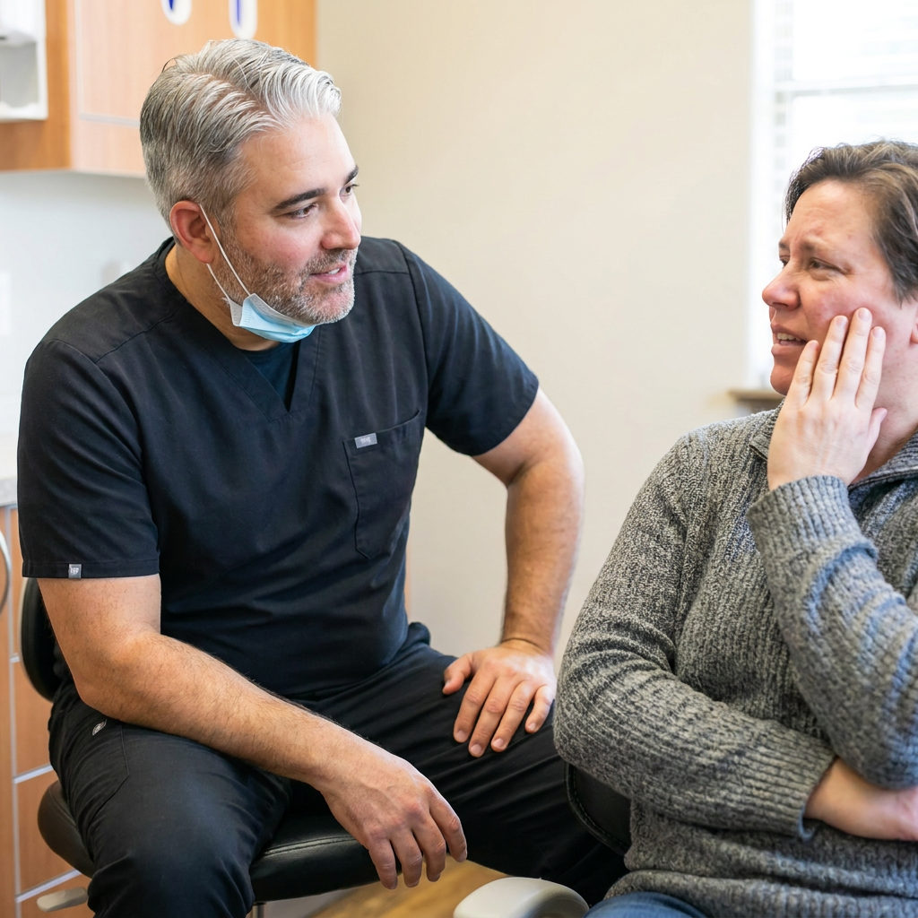A Grapevine dentist in navy scrubs listens to a patient describing tooth pain at Daaboul Family, Aesthetic and Implant Dentis